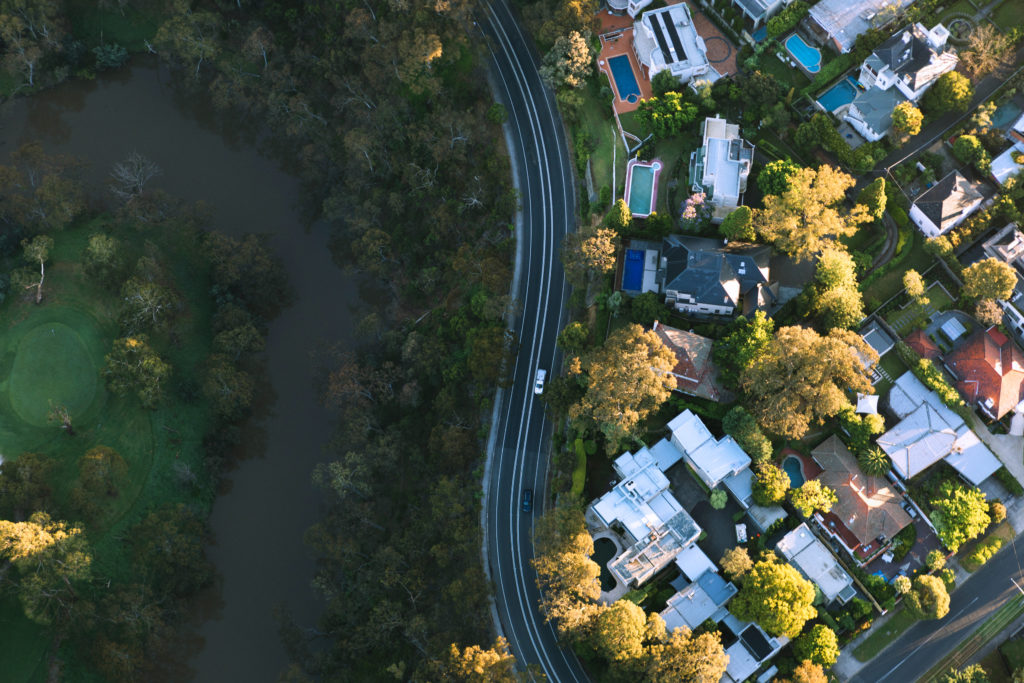 Melbourne aerial photography of streetscape, river and park