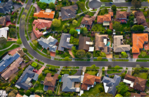 Birdseye view of road, land and houses in Victoria