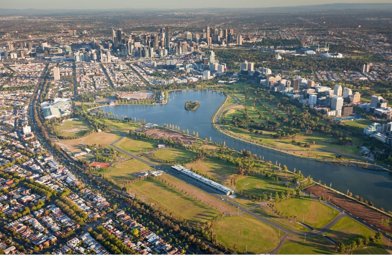 View of Melbourne City, parks and houses from the air