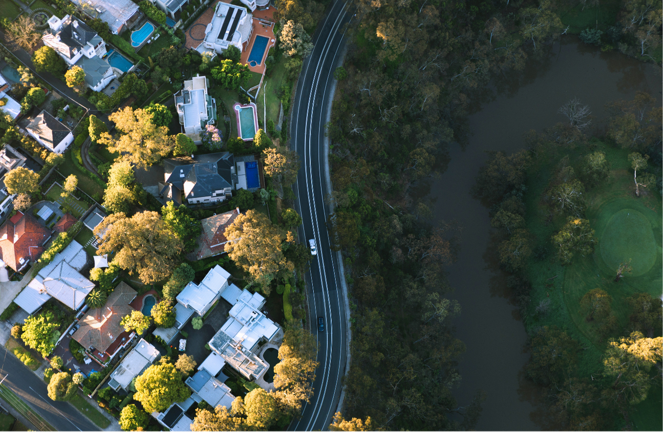 Melbourne aerial photography of streetscape, river and park
